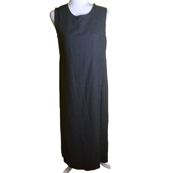 Vintage Black Linen Blend Midi Dress Size Medium Petite - Picture 1 of 7